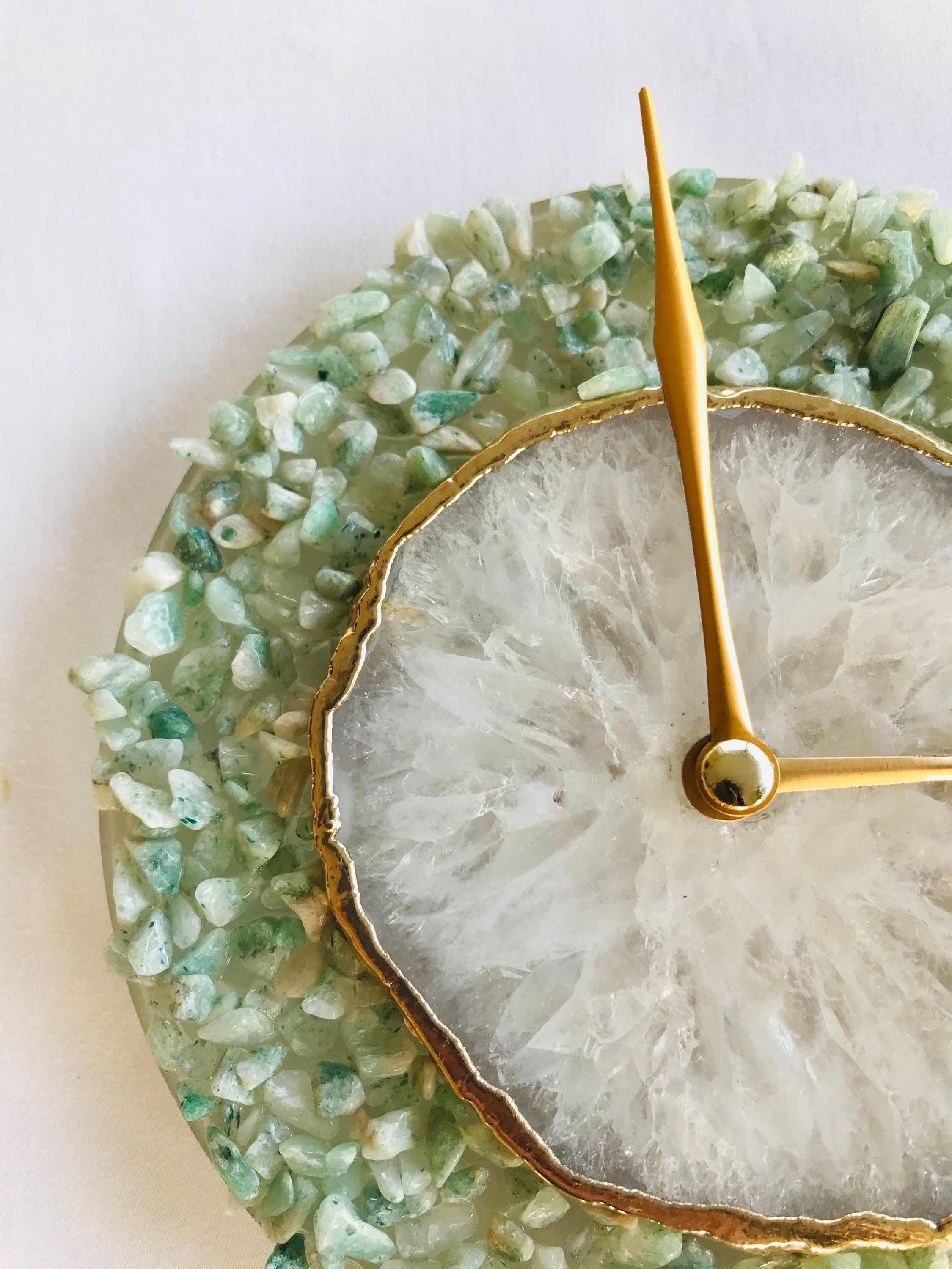 6" Diameter Light Green Crystal With White Agate Wall Clock-2