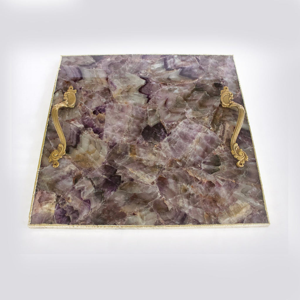 Amethyst Agate Serving Tray With Brass Handles | Square-4