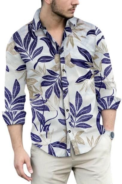 Men's Printed Regular Collar Casual Shirt Cream & Navy Blue