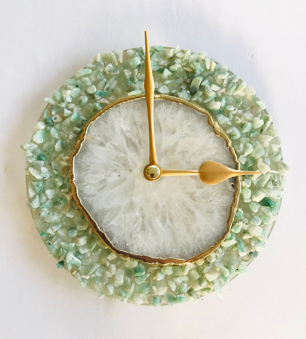 6" Diameter Light Green Crystal With White Agate Wall Clock-0