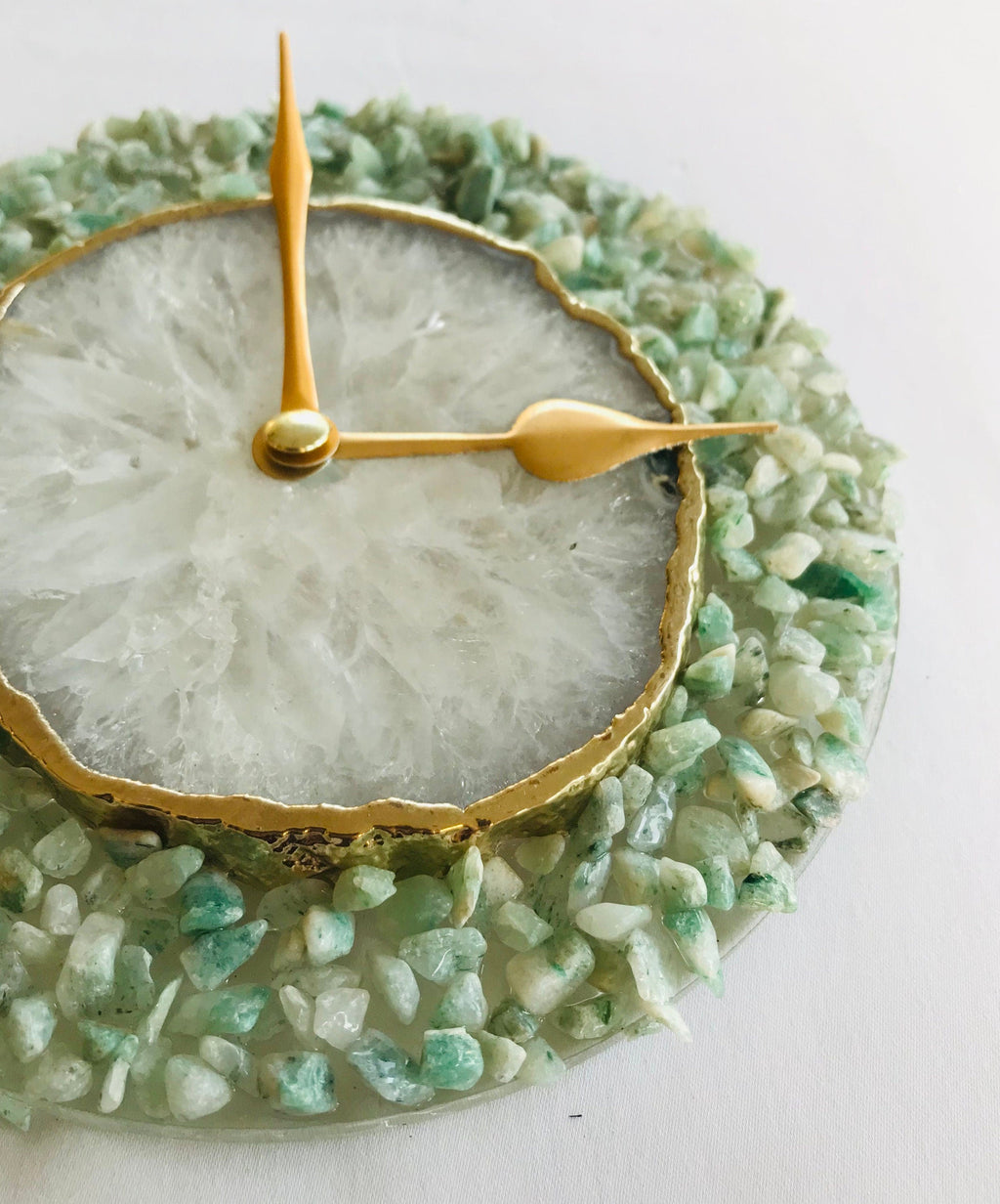 6" Diameter Light Green Crystal With White Agate Wall Clock-3